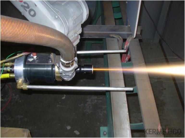 The Kermetico STI High Velocity Thermal Spray Gun Spraying Titanium Coating in the Air